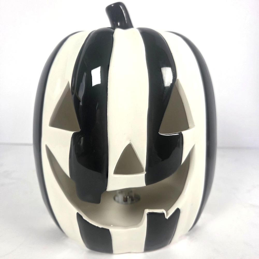 Jack O Lantern Lane Light Up Pumpkin 8.5 Inch Black White Striped Halloween - Picture 2 of 7